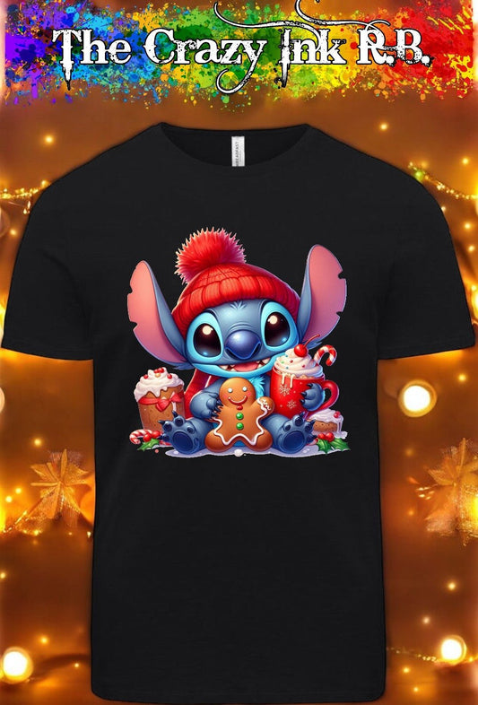 Cute Baby Stitch Christmas graphic t-shirt.