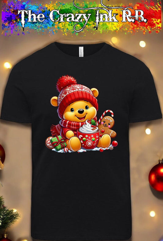 Cute Baby Pooh Bear Christmas graphic t-shirt.