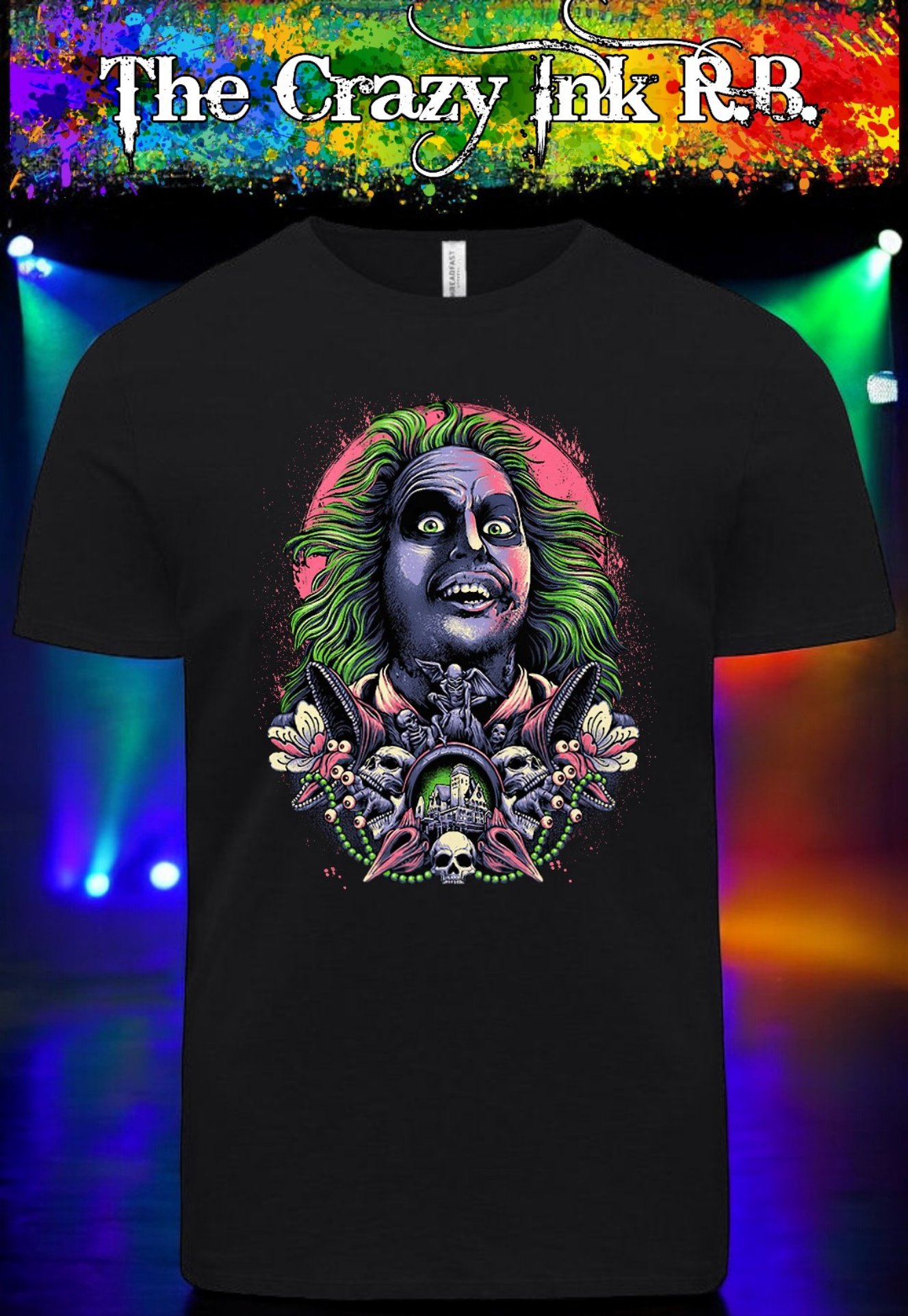 Beetle Juice colorful graphic t-shirt.