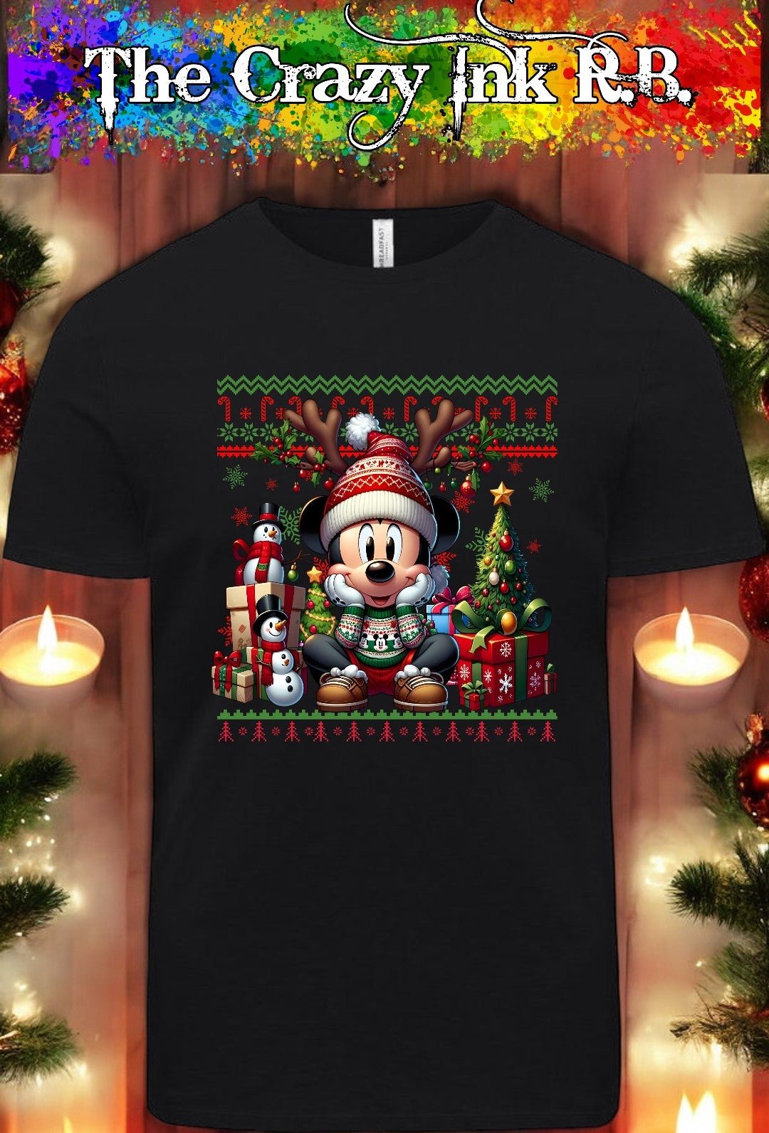 Cute Mickey Mouse Christmas graphic t-shirt.