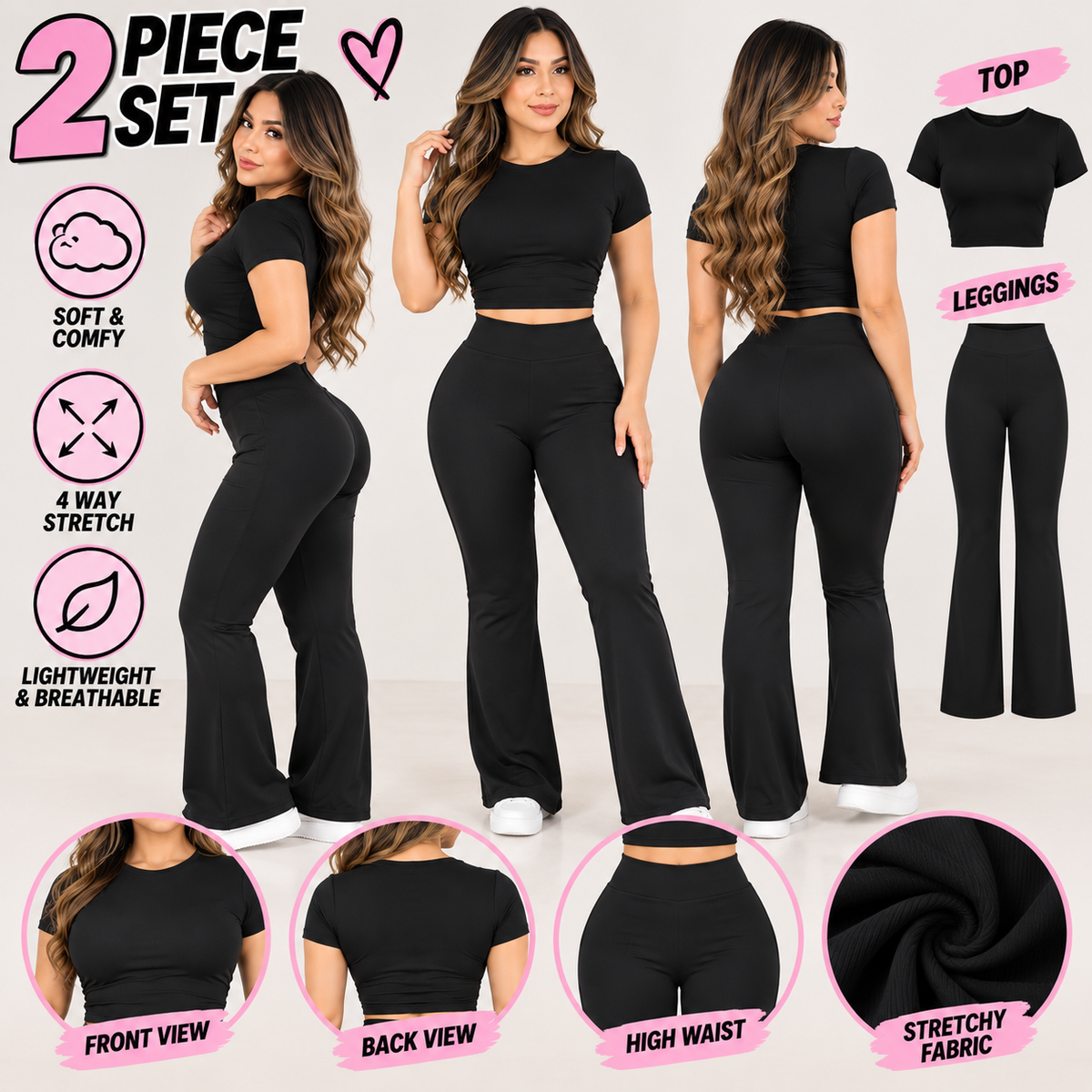 Black 2-piece set with fitted thigh and subtle flare